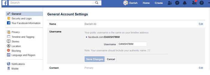 facebook username set