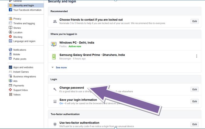 click on facebook change password